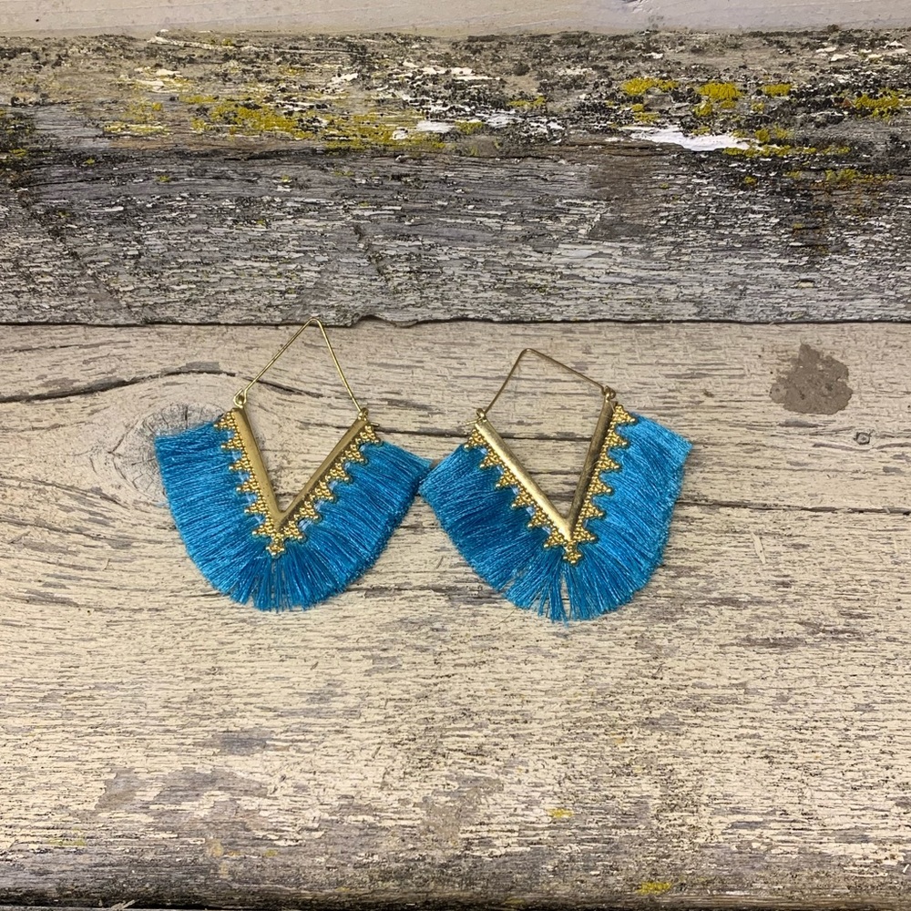 Gold & Blue Fringe Earrings